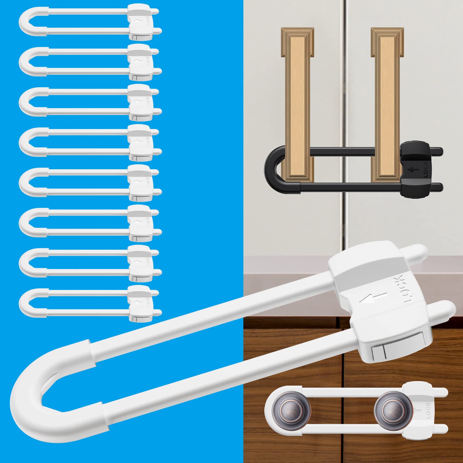 LRANFOW U-shaped cabinet lock, no drilling, quick childproofing.