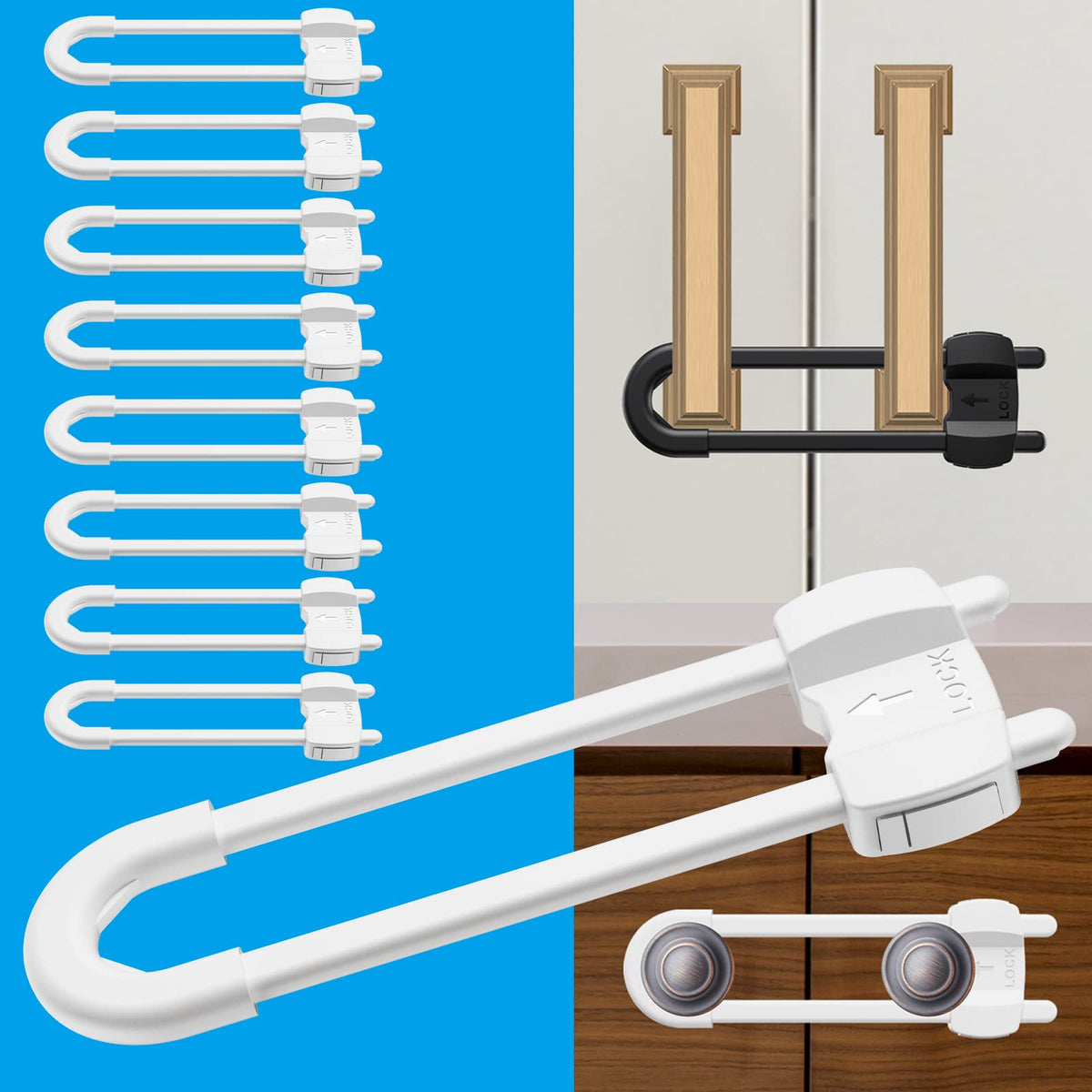 LRANFOW U-shaped cabinet lock, no drilling, quick childproofing.