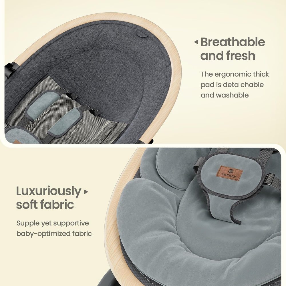 LrerBB swing features soft fabric and 5-point harness for cozy security