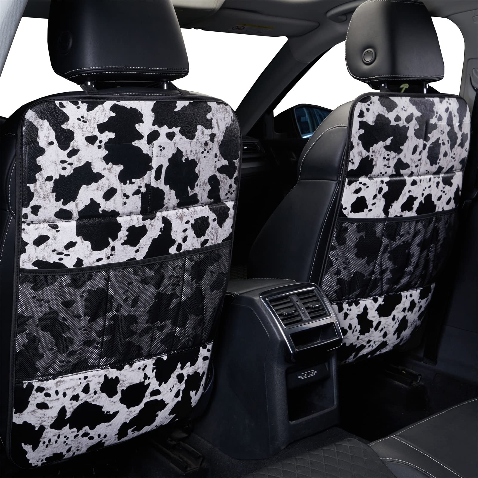 LSBS cow print kick mat back protector shields seats from scuffs and dirt.