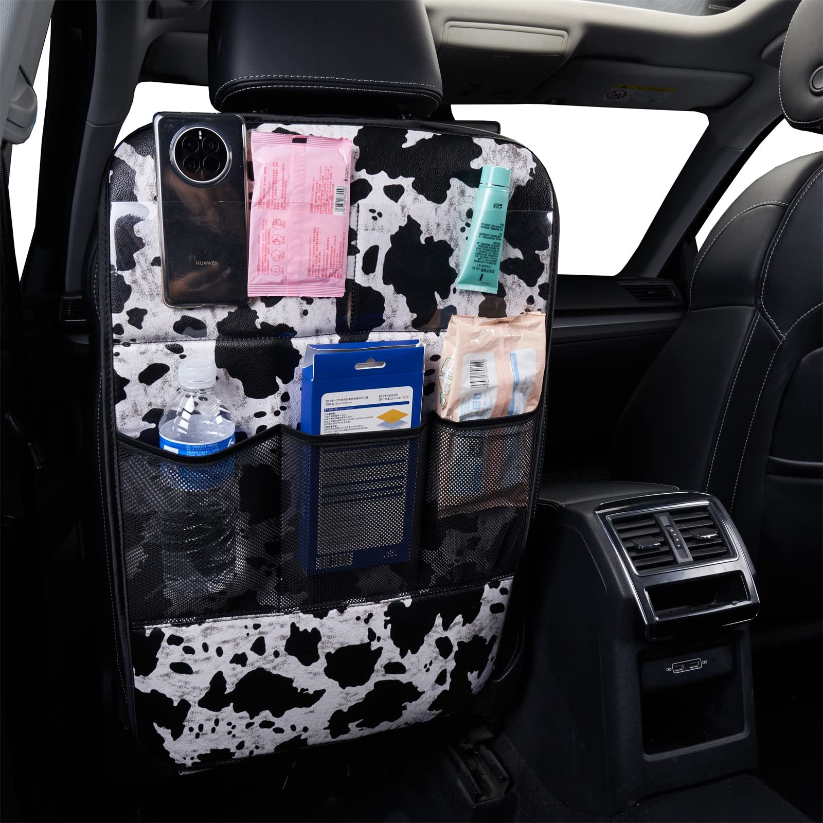LSBS cow print kick mat storage pockets keep toys organized during travel.