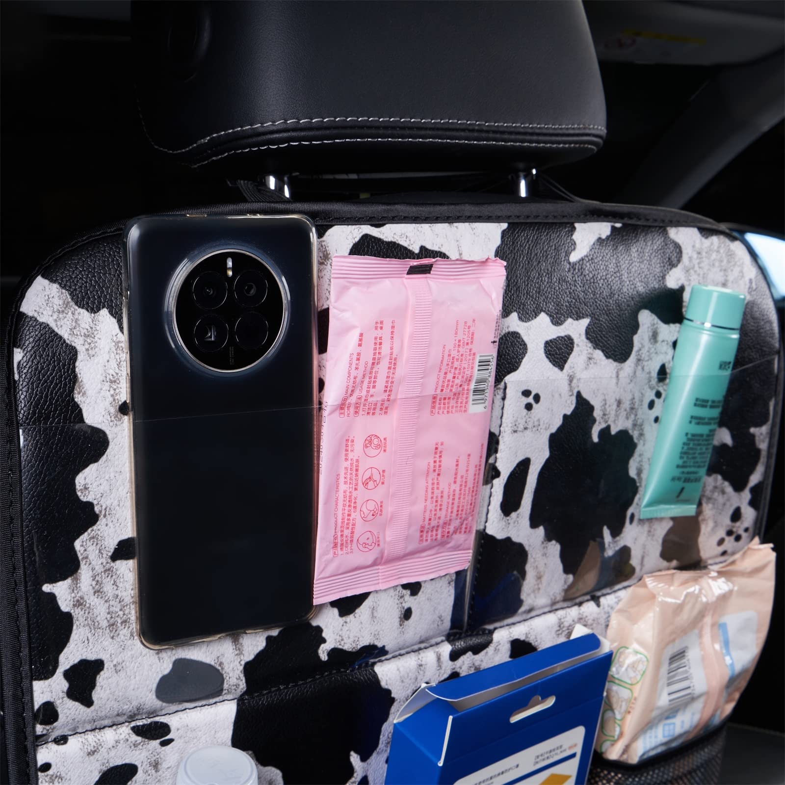 LSBS cow print kick mat waterproof faux leather protects upholstery.