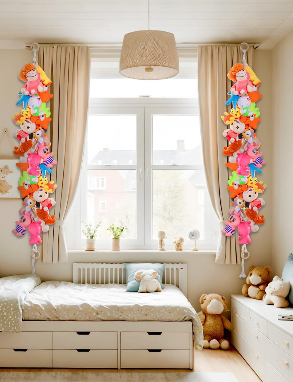 LSLYHTC bedroom setup with hanging storage chain for toys