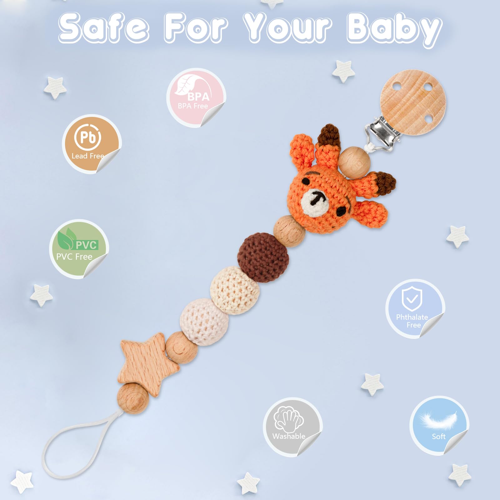 Gift-ready LSTRAGY pacifier clip in a decorative package.
