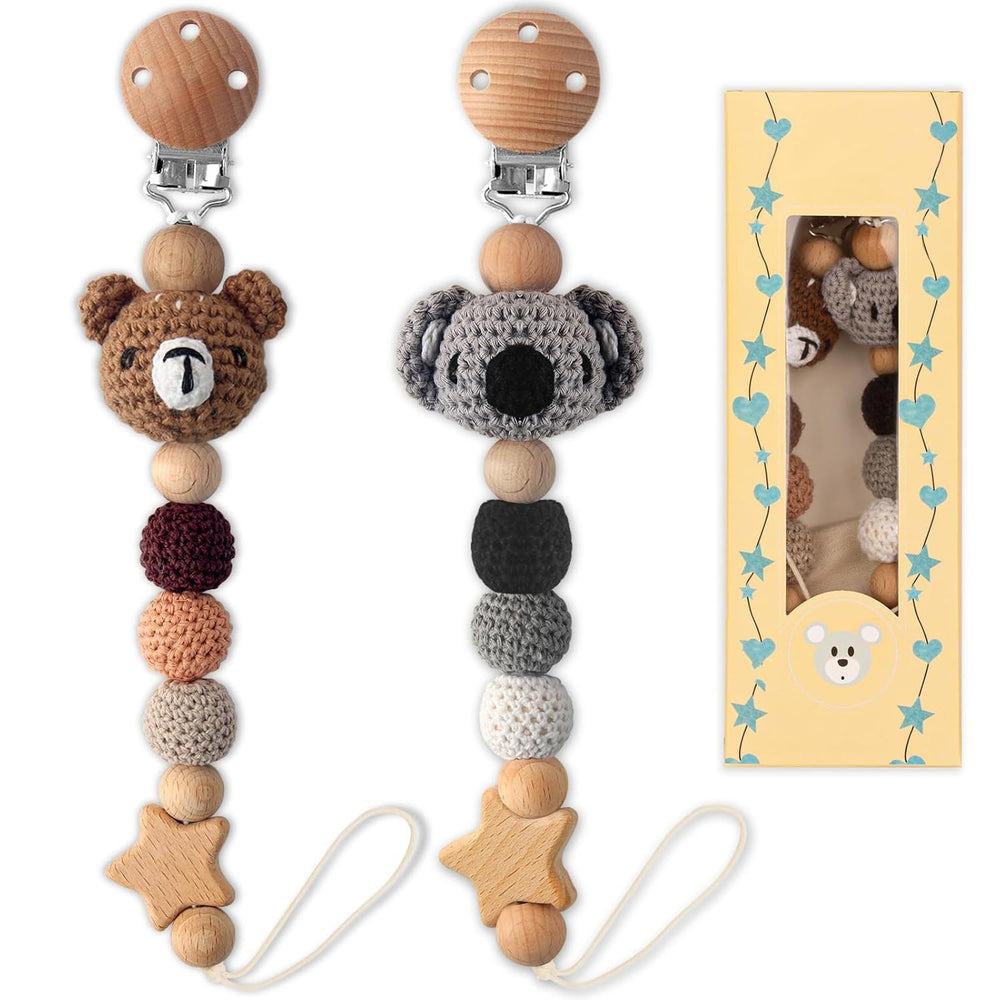 LSTRAGY Koala pacifier clip close-up, handmade knitted design keeps pacifier accessible.