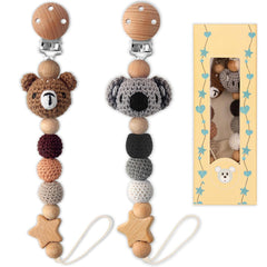 LSTRAGY Koala pacifier clip close-up, handmade knitted design keeps pacifier accessible.