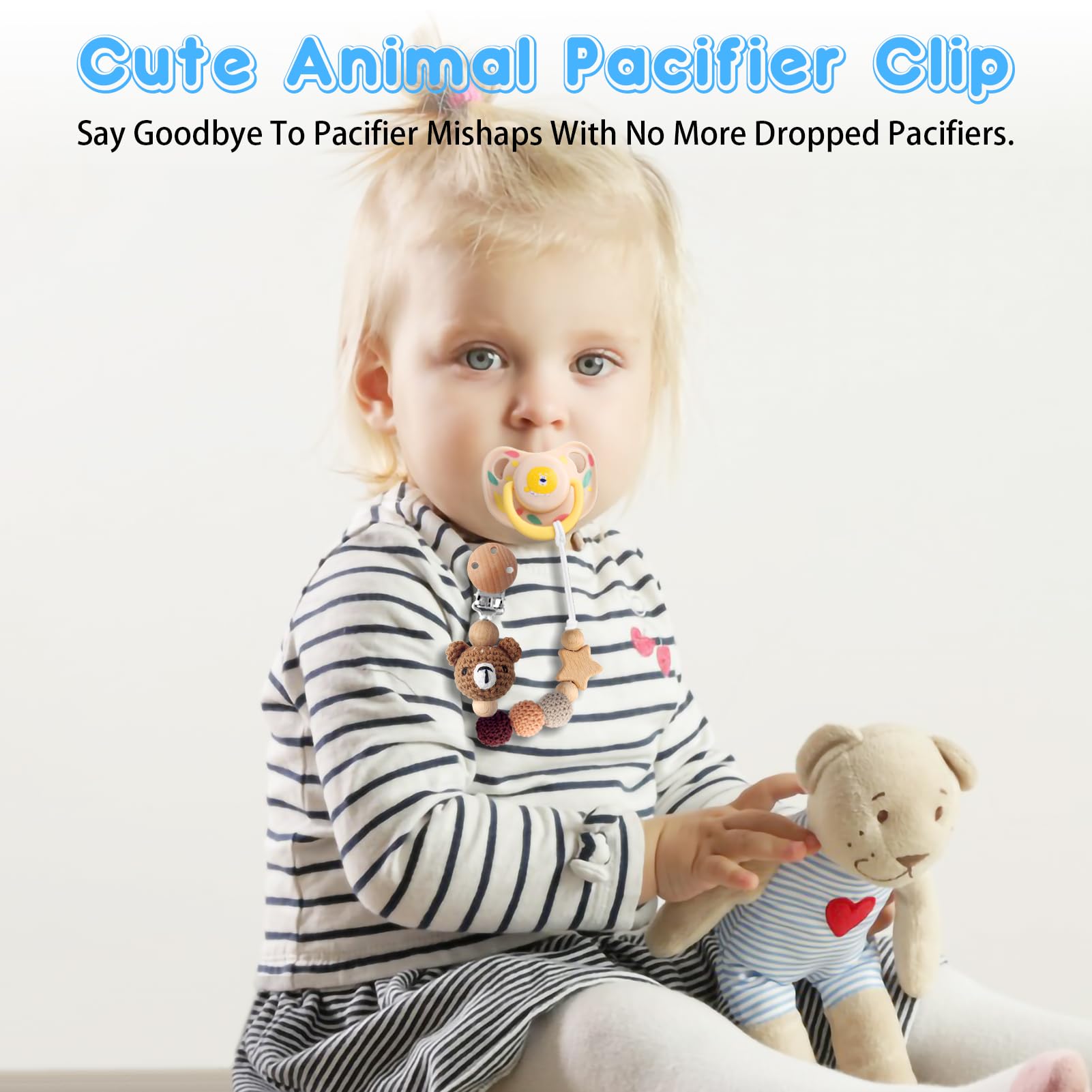 LSTRAGY knitted pacifier holder with wooden clip, durable and easy to clean.