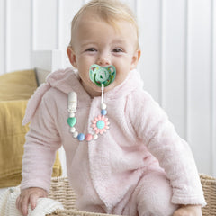 LSTRAGY sunflower green silicone pacifier clip secures toys and teething rings.