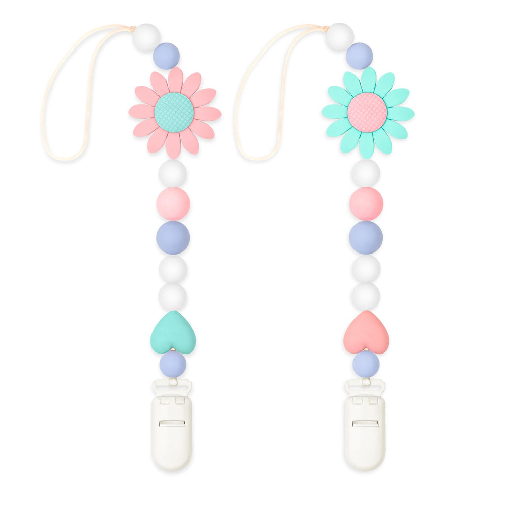 LSTRAGY sunflower pink silicone pacifier clip keeps the pacifier within reach.