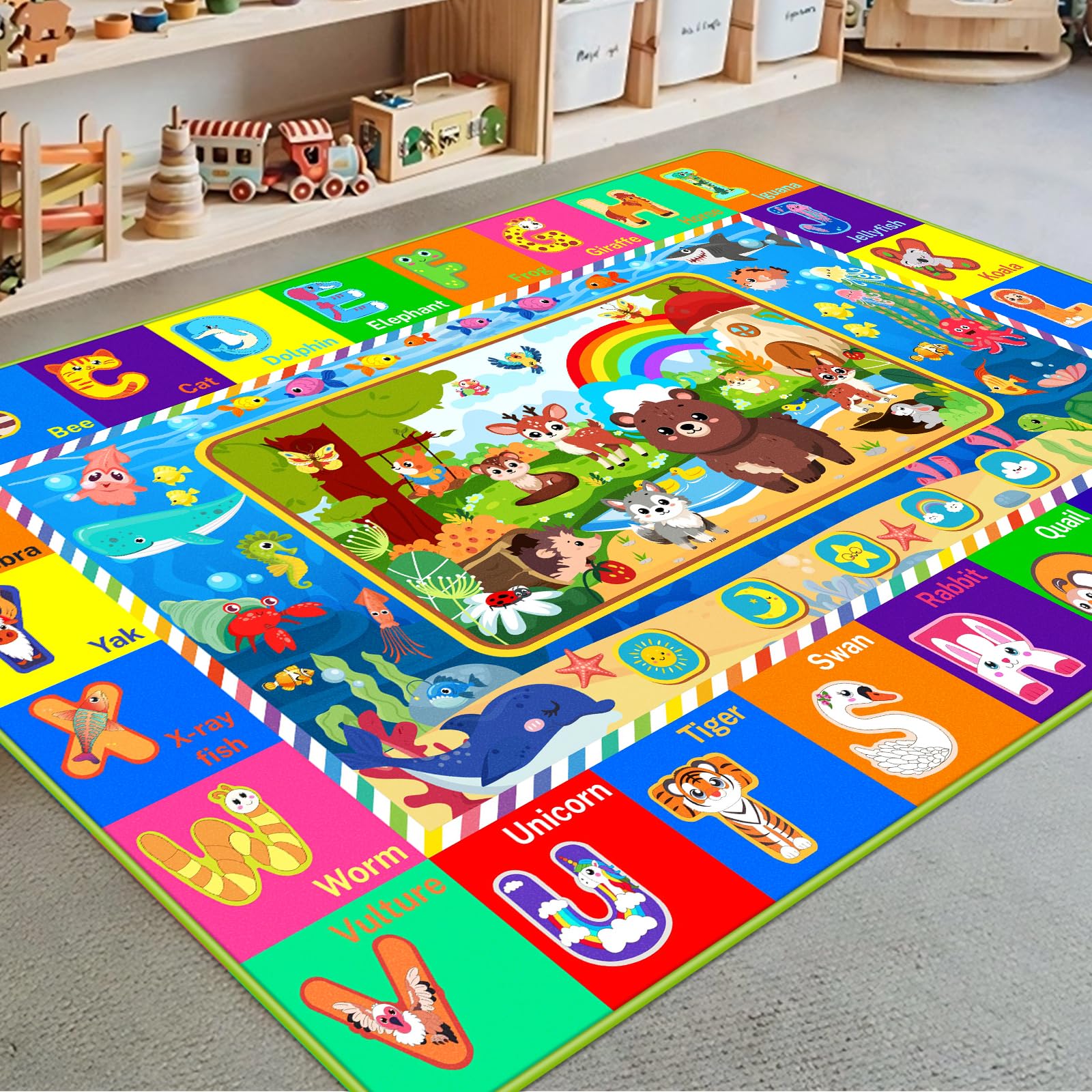 LTKOUGFAM baby play mat spread on floor with forest animals for safe playtime