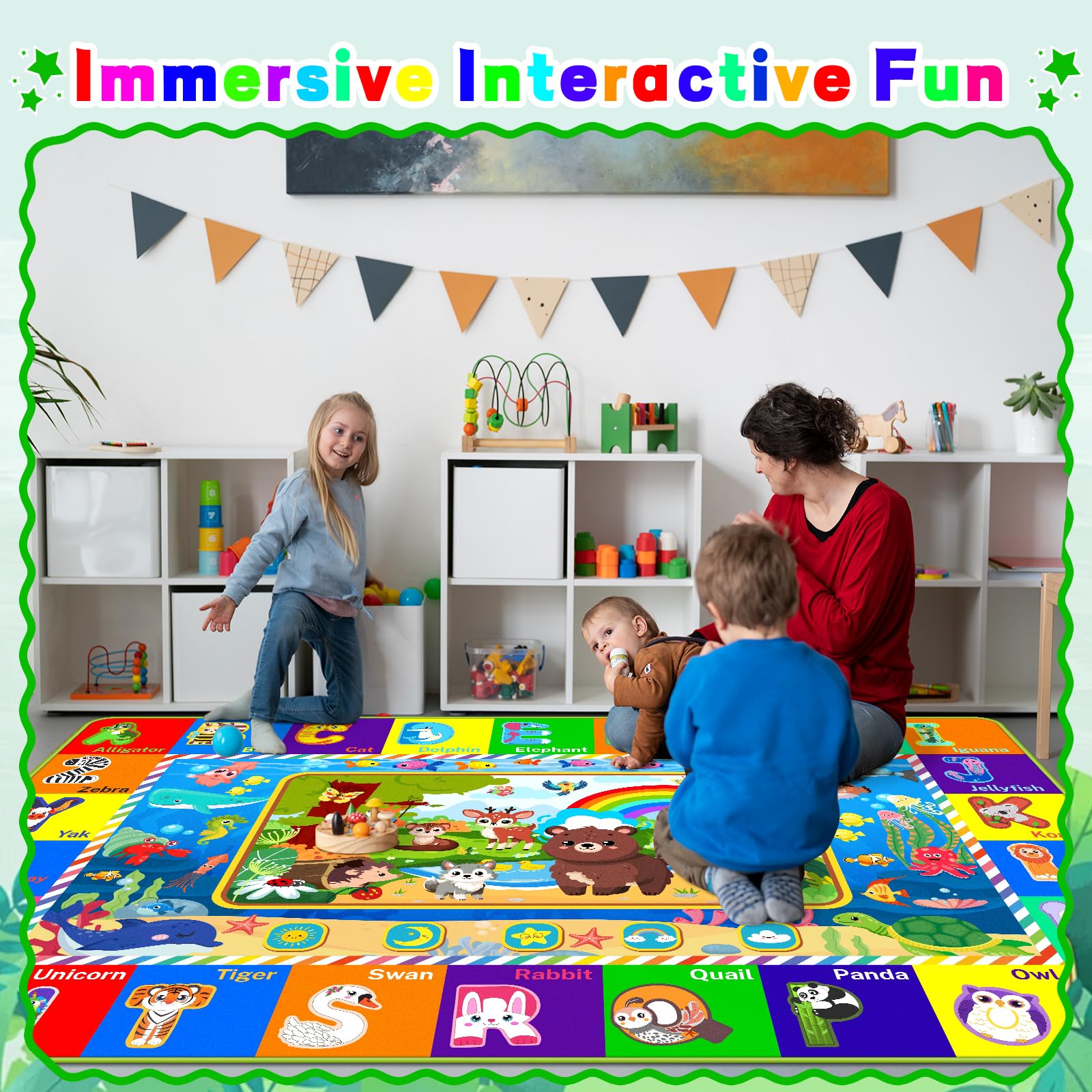 LTKOUGFAM playroom decor featuring forest animals on a green rug