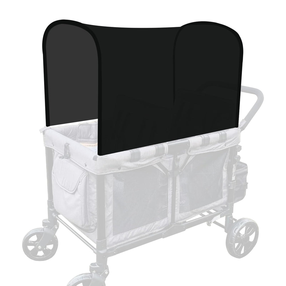 LUAATT Stretchy Canopy installed over Wonderfold W2/W4 wagons for wide shade.