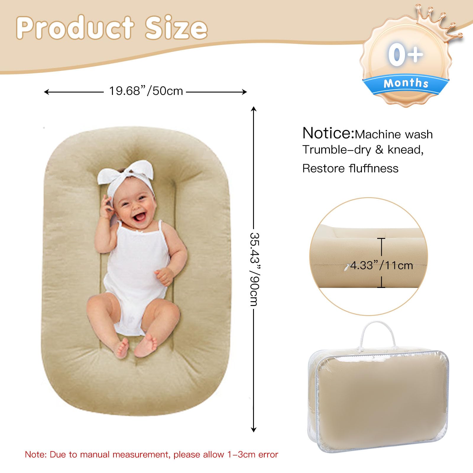 Lucakuins baby lounger apricot in living room demonstrating versatile play space
