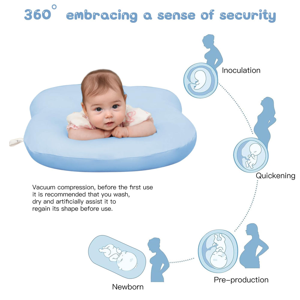 Lucakuins blue newborn lounger provides a safe, breathable space for awake play.