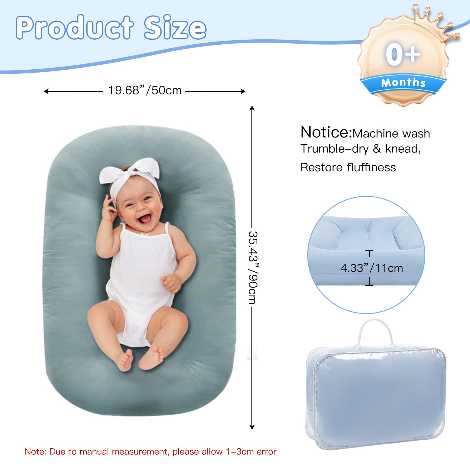 Lucakuins Baby Lounger greyblue care instructions highlighting simple maintenance.