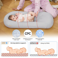 Lucakuins extended-space lounger offers room as babies grow toward two years.