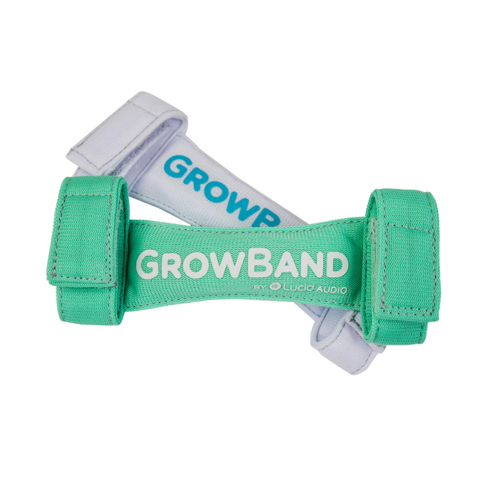 Lucid Audio HearMuffs GrowBand spa green worn by a baby for comfortable, growing-fit protection.