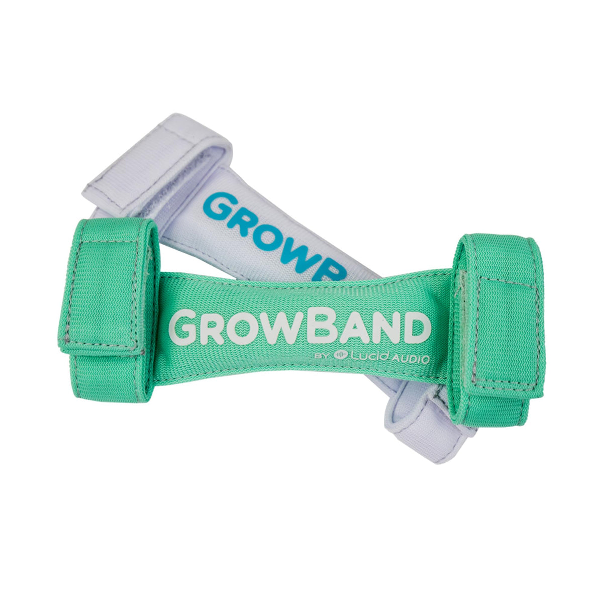 Lucid Audio HearMuffs GrowBand spa green worn by a baby for comfortable, growing-fit protection.