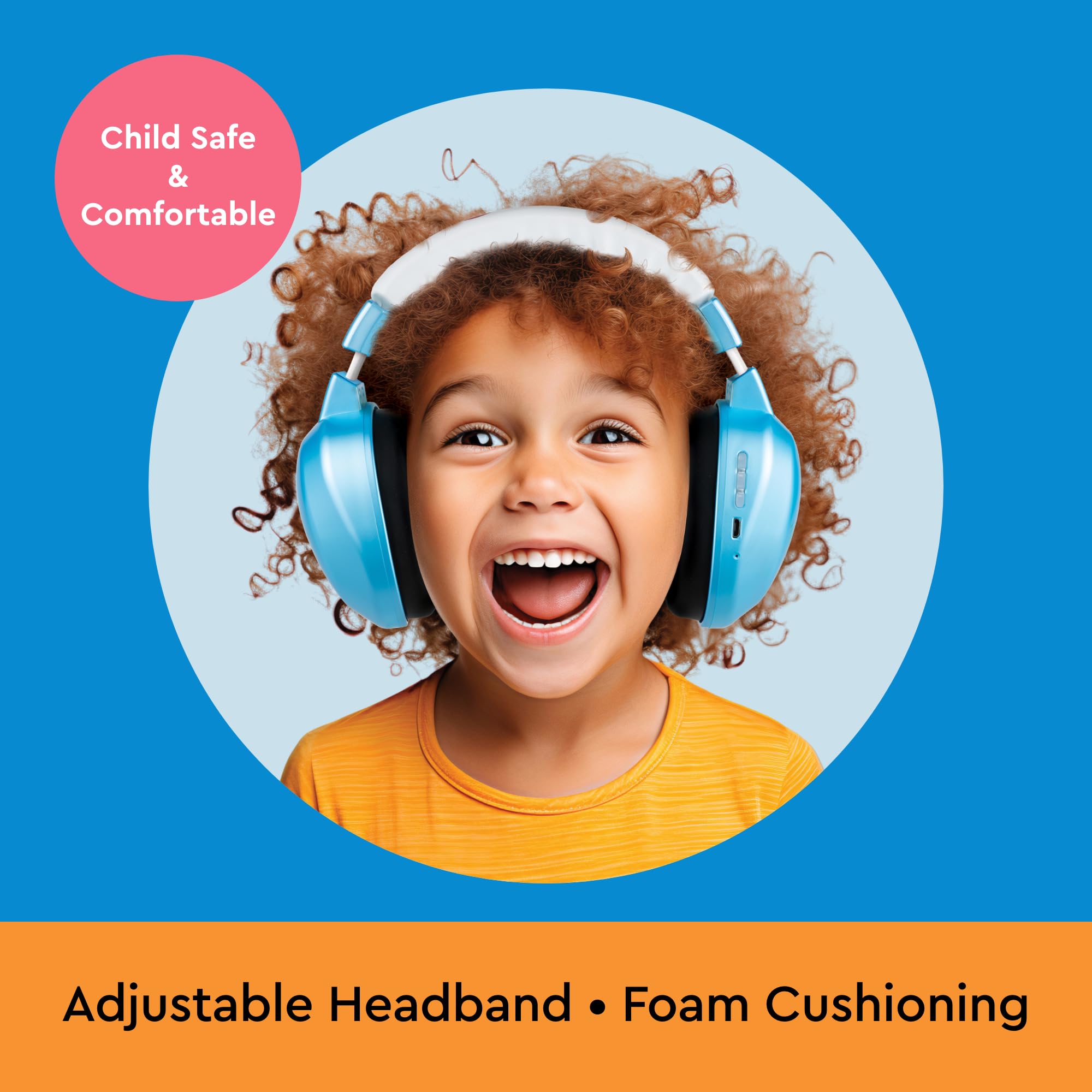 Lucid Audio HearMuffs infant blue in travel scene, ideal for flights and events.