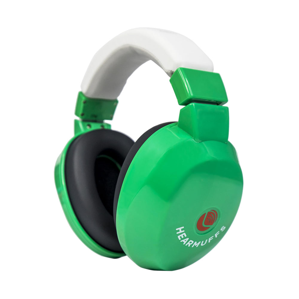 Lucid Audio Kids HearMuffs green on head reduce loud noises for safe events