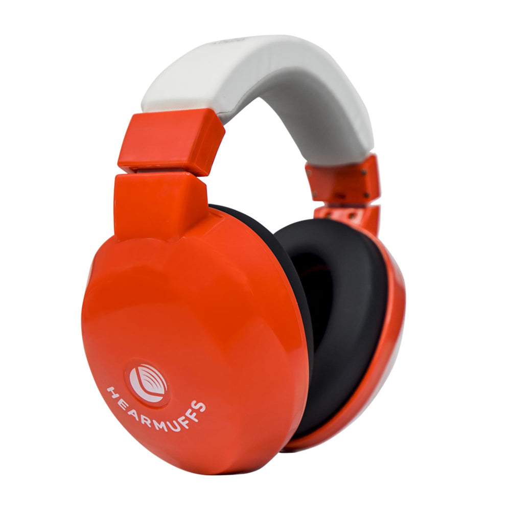 Lucid Audio Kids HearMuffs Red front view showing comfortable fit for kids at concerts
