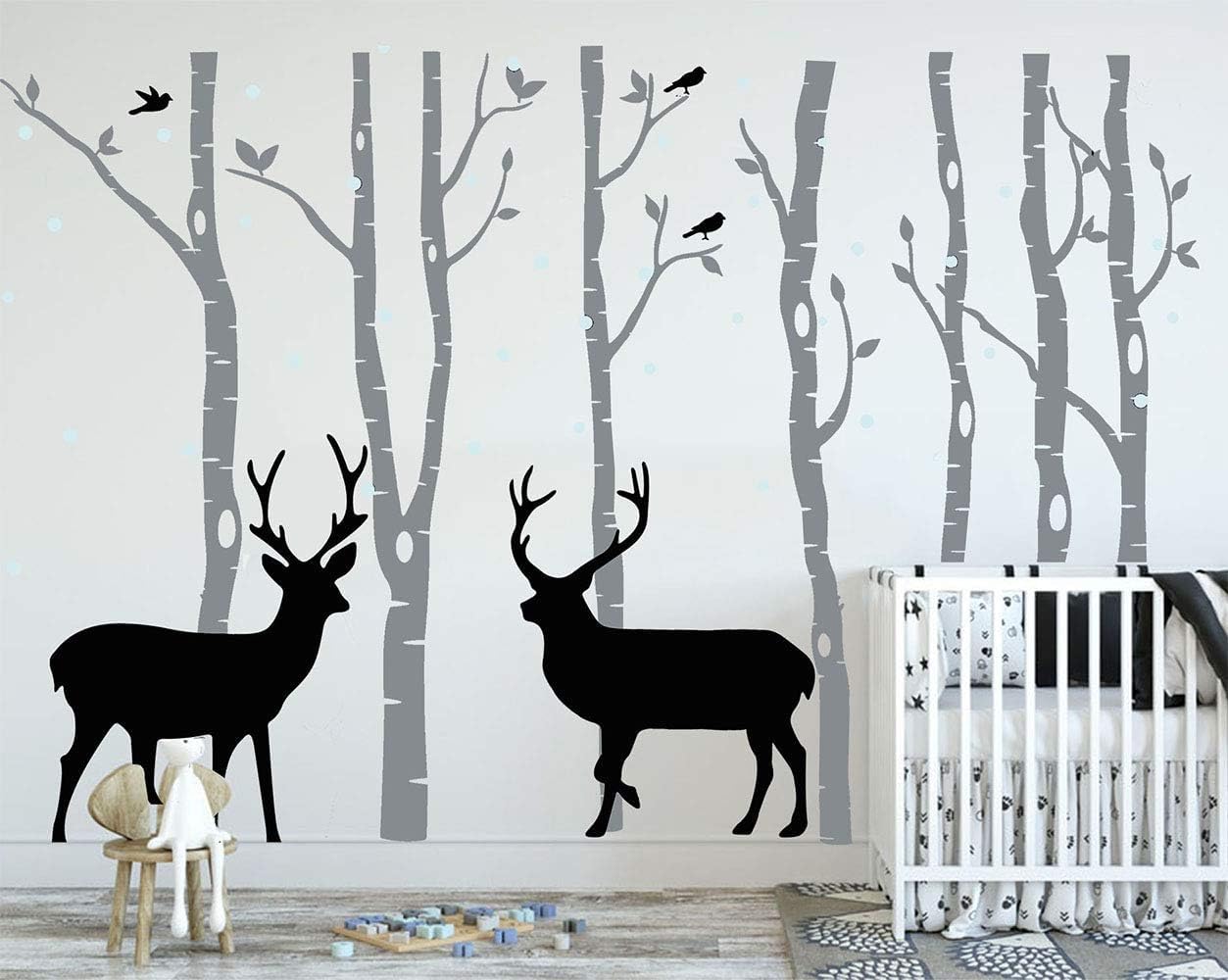 LUCKKYY birch tree deer wall decal in grey for nursery creates a peaceful forest scene.