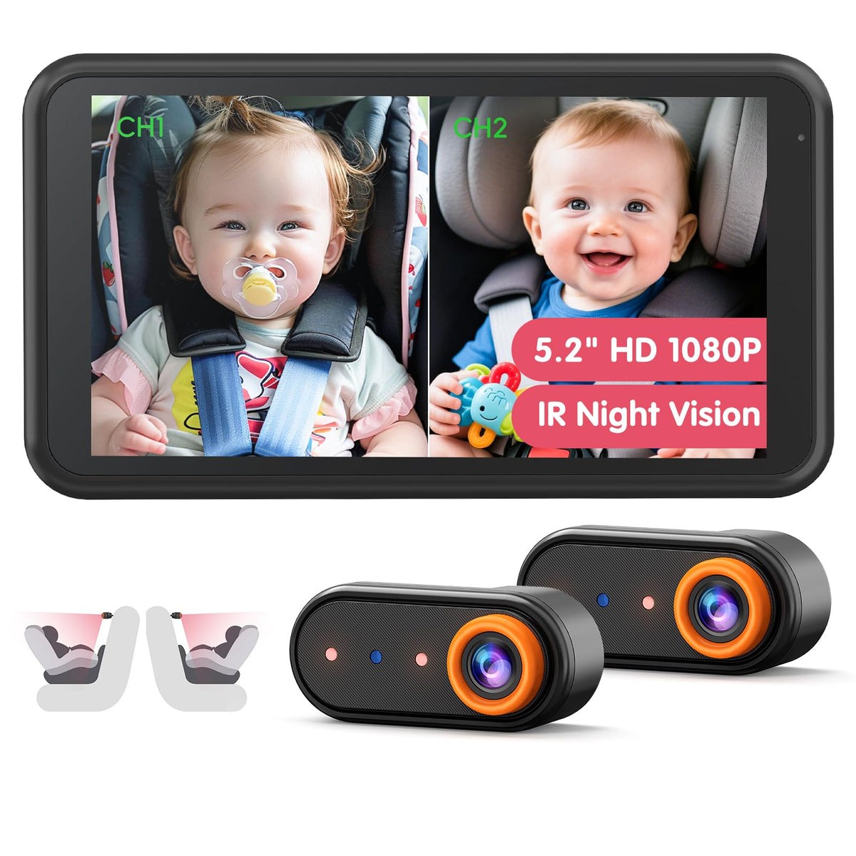 LUCKVIEW BM2 PRO split-screen display shows two rear seats clearly on the road.