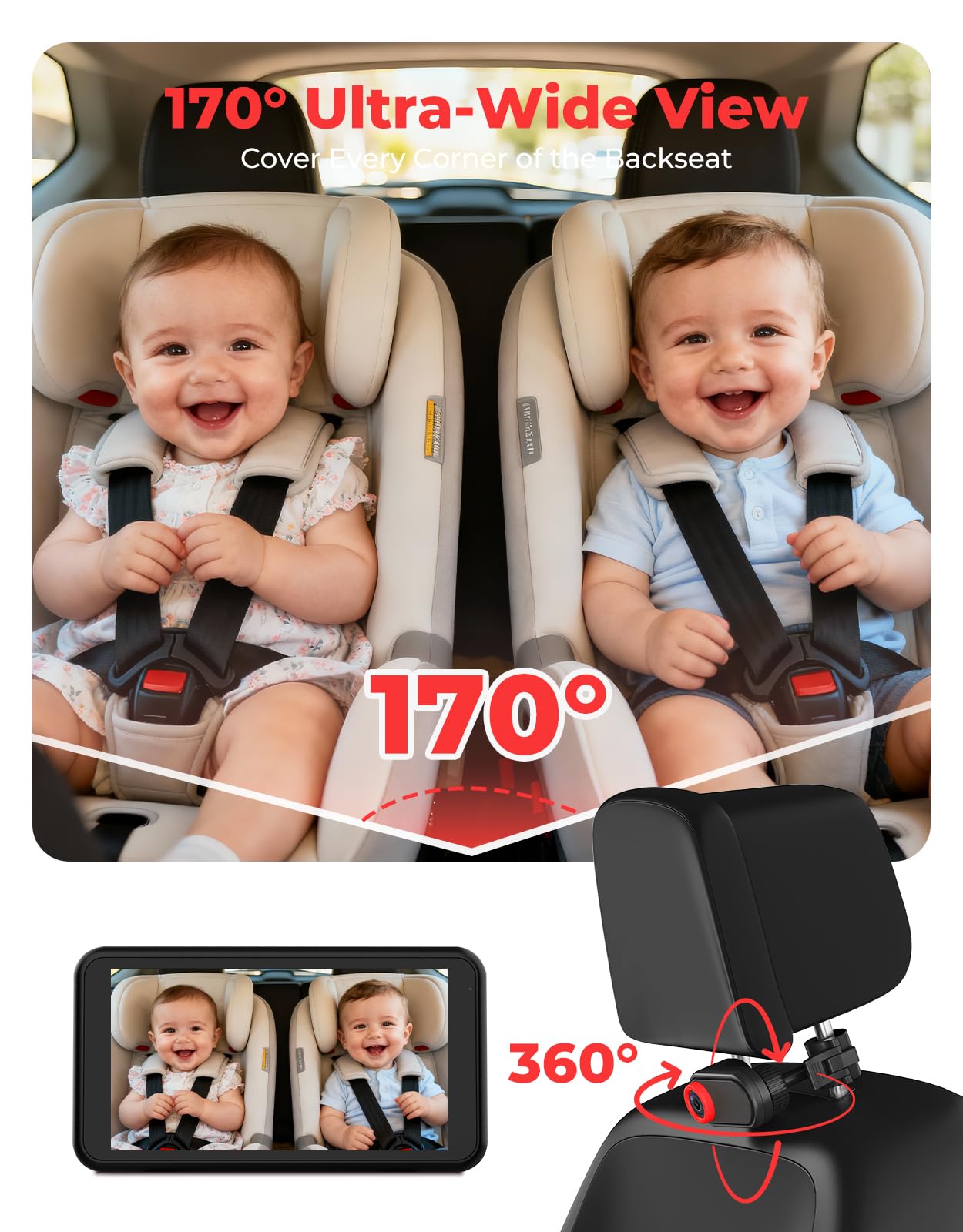 Luckview BM2A 170° wide-angle view covers the entire back seat