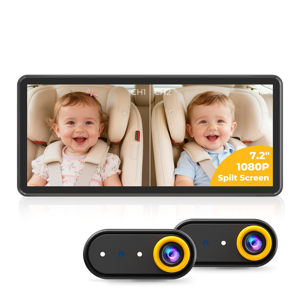 LUCKVIEW BM5 PRO dual camera split-screen view for backseat monitoring.