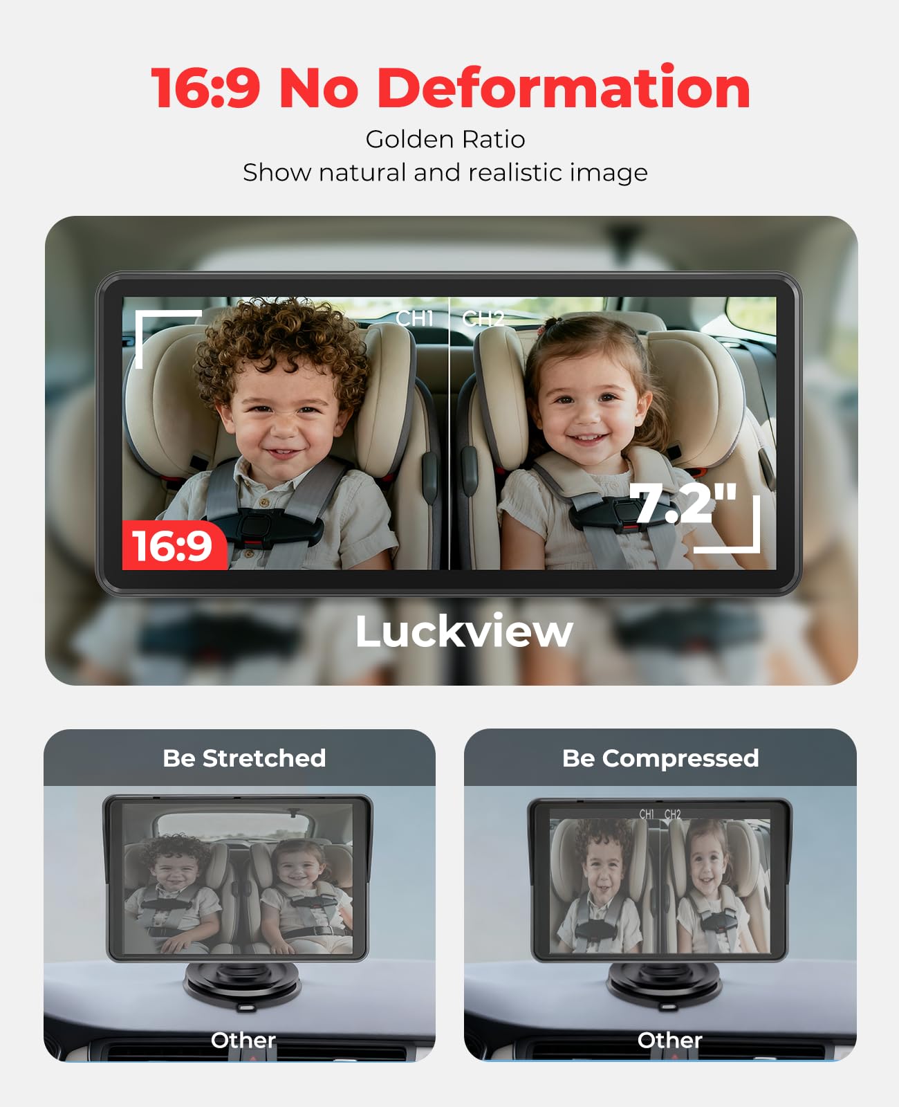 LUCKVIEW BM5PRO 7.2-inch HD display keeps baby in view while driving.