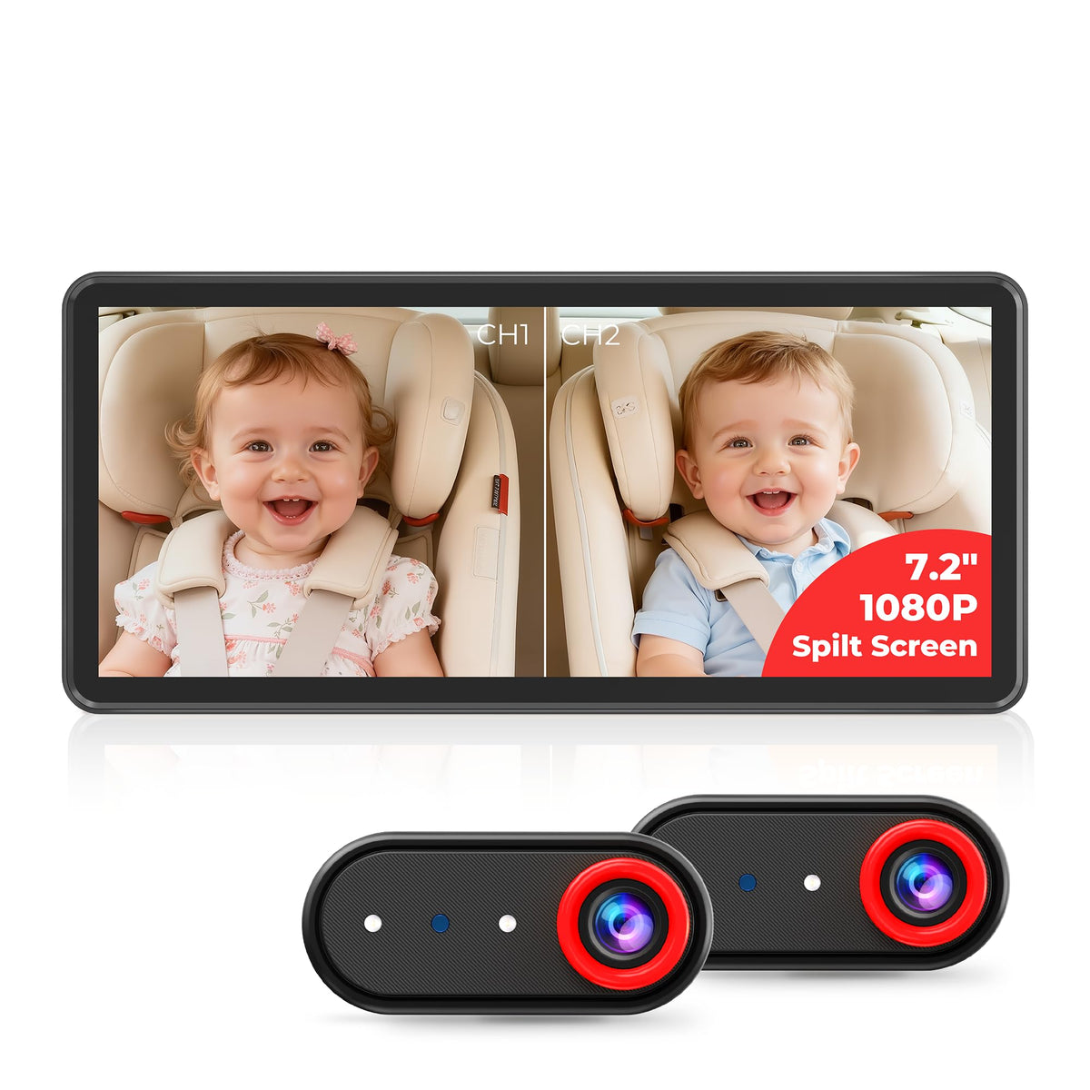 LUCKVIEW BM5PRO dual camera split-screen view for two-kid monitoring.