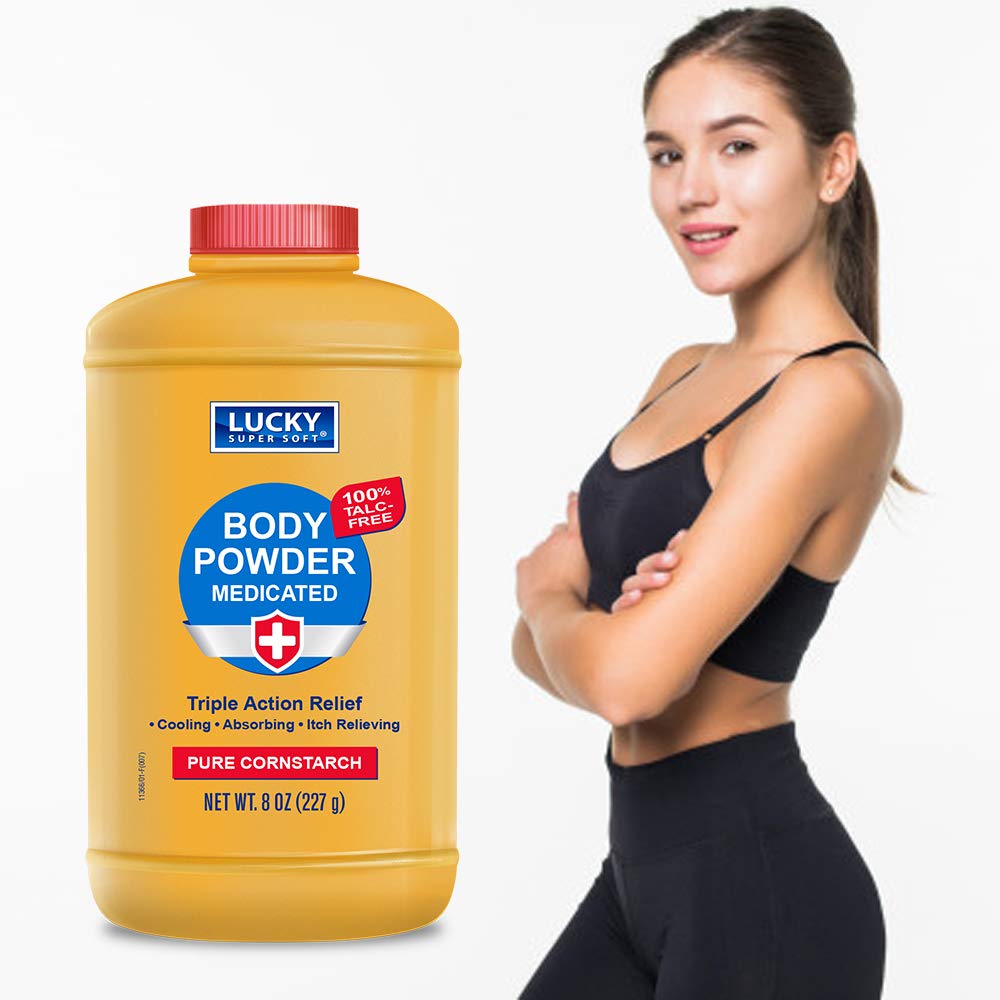Lucky Super Soft medicated body powder application helps soothe itching and prevent chafing.