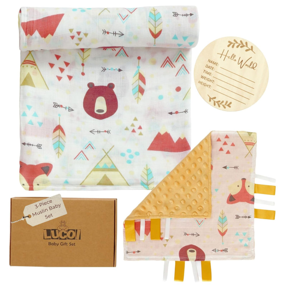 LUCOI woodland-muslin blanket close-up shows breathable softness for swaddling and cuddles
