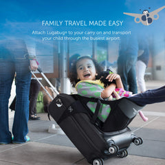 Lugabug travel seat attached to carry-on bag for hands-free travel.