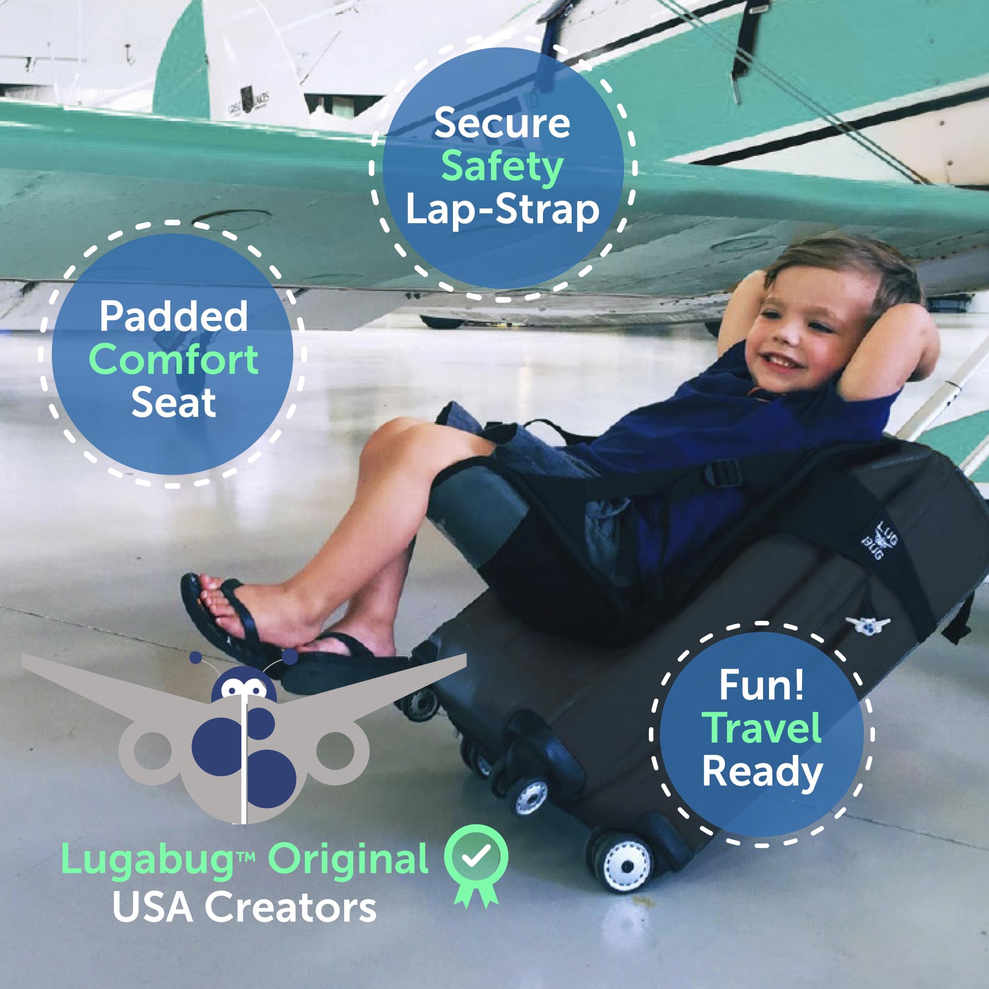 Lugabug travel seat with child seated comfortably on the move.