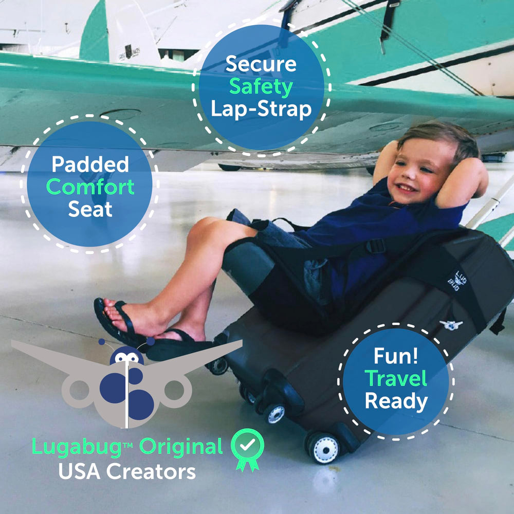 Lugabug travel seat with child seated comfortably on the move.