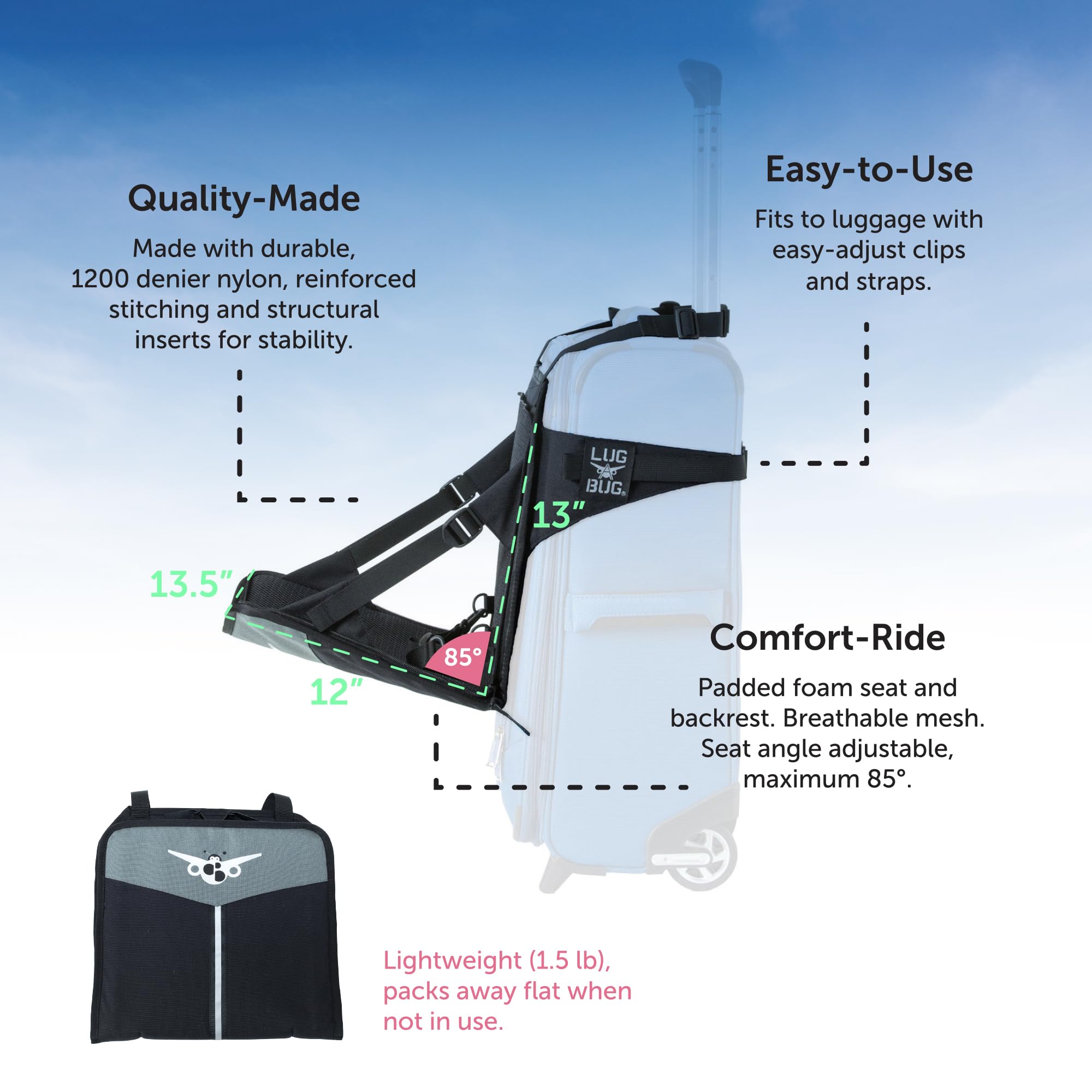 Lugabug travel seat with sturdy construction attached to luggage.