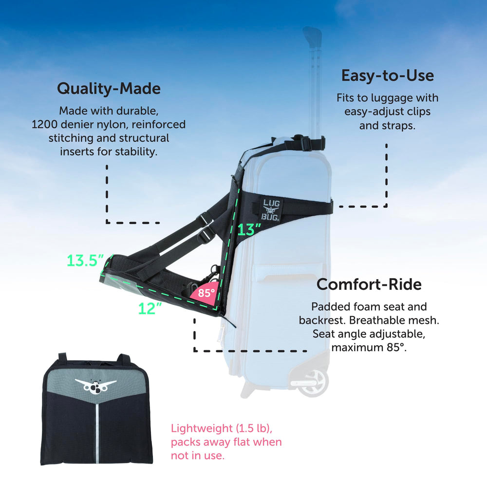 Lugabug travel seat with sturdy construction attached to luggage.