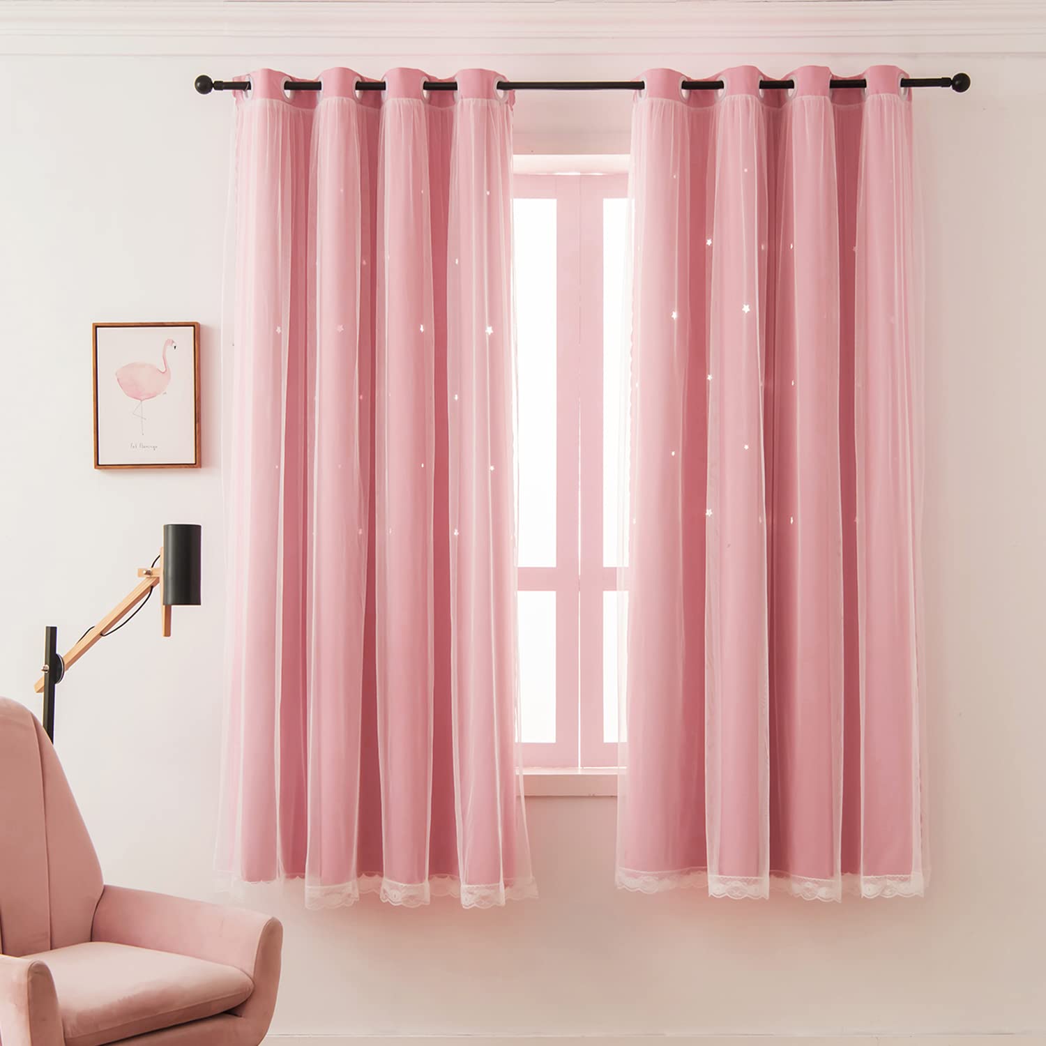 LUGOTAL pink star-cutout curtains on the window create a cozy, kid-friendly ambiance.