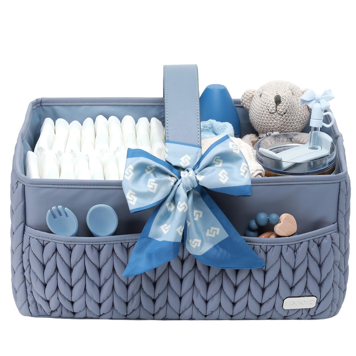 LUKJOJO ash blue diaper caddy front view keeps essentials organized