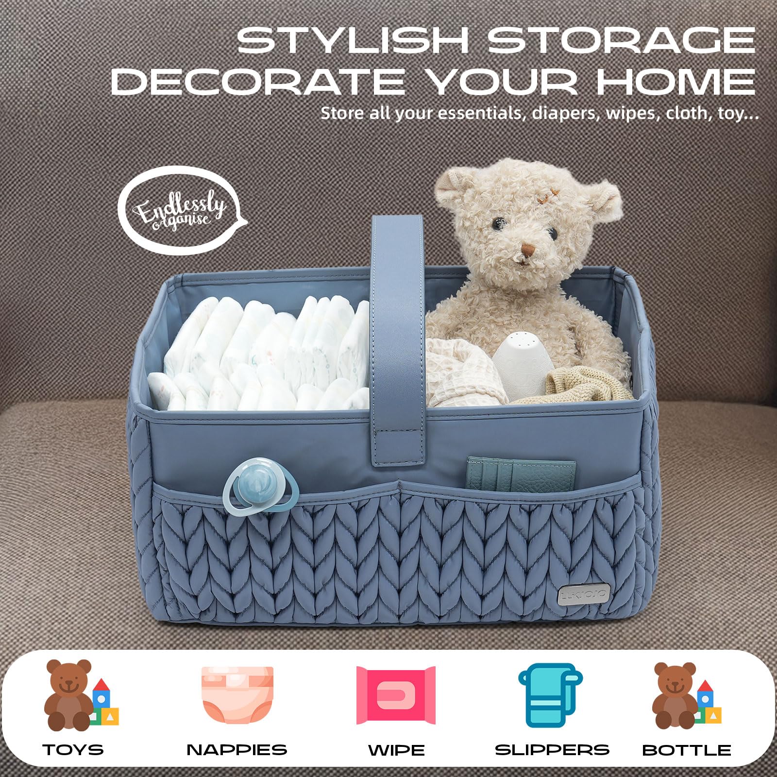 LUKJOJO ash blue diaper caddy gift-ready with bag and ribbon