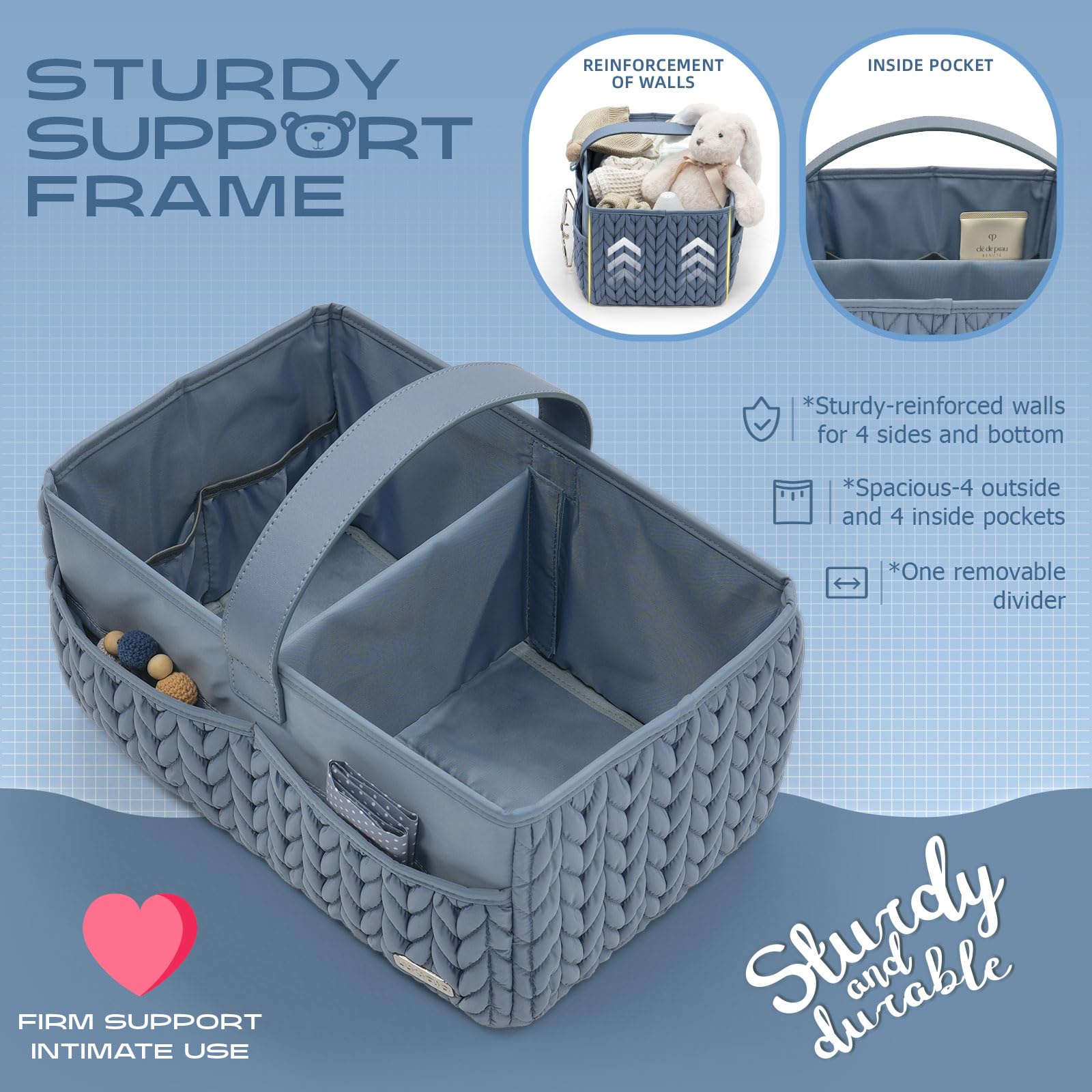 LUKJOJO ash blue diaper caddy with leather handle for easy transport