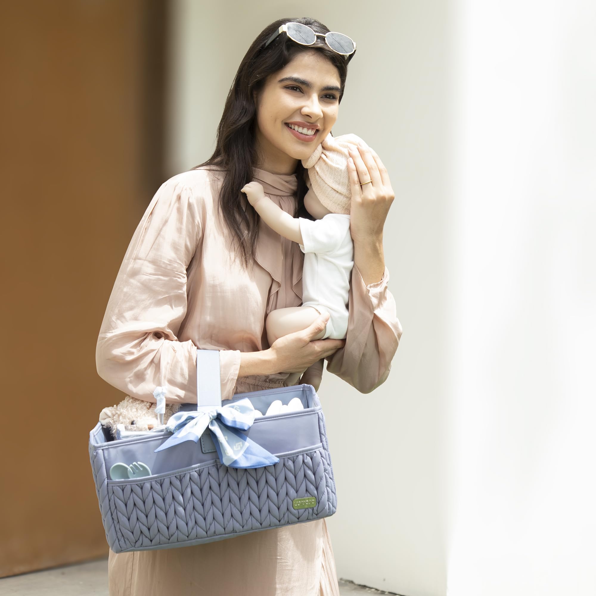 LUKJOJO ash blue caddy is travel-ready with a sturdy handle