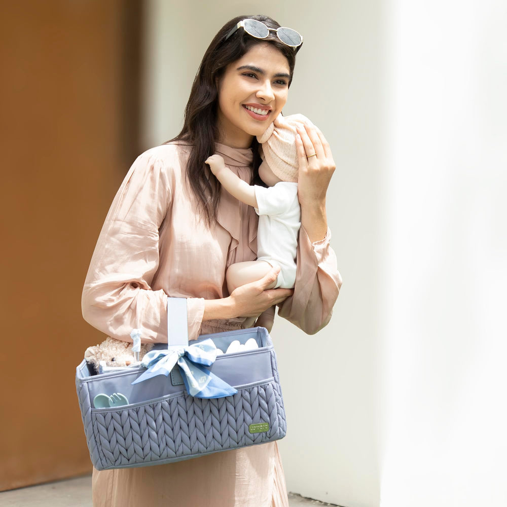 LUKJOJO ash blue caddy is travel-ready with a sturdy handle