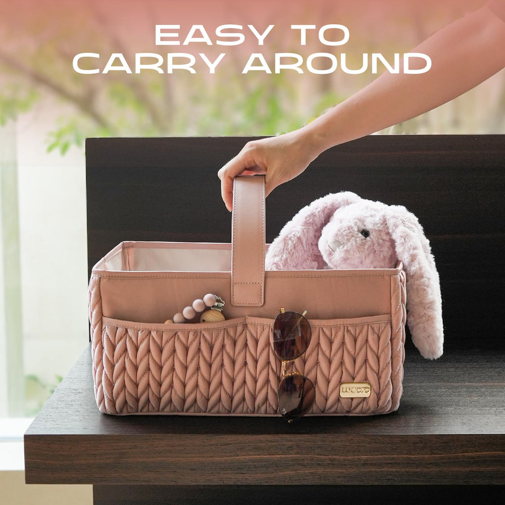 LUKJOJO diaper caddy ships gift-ready with bow and ribbon for celebrations.