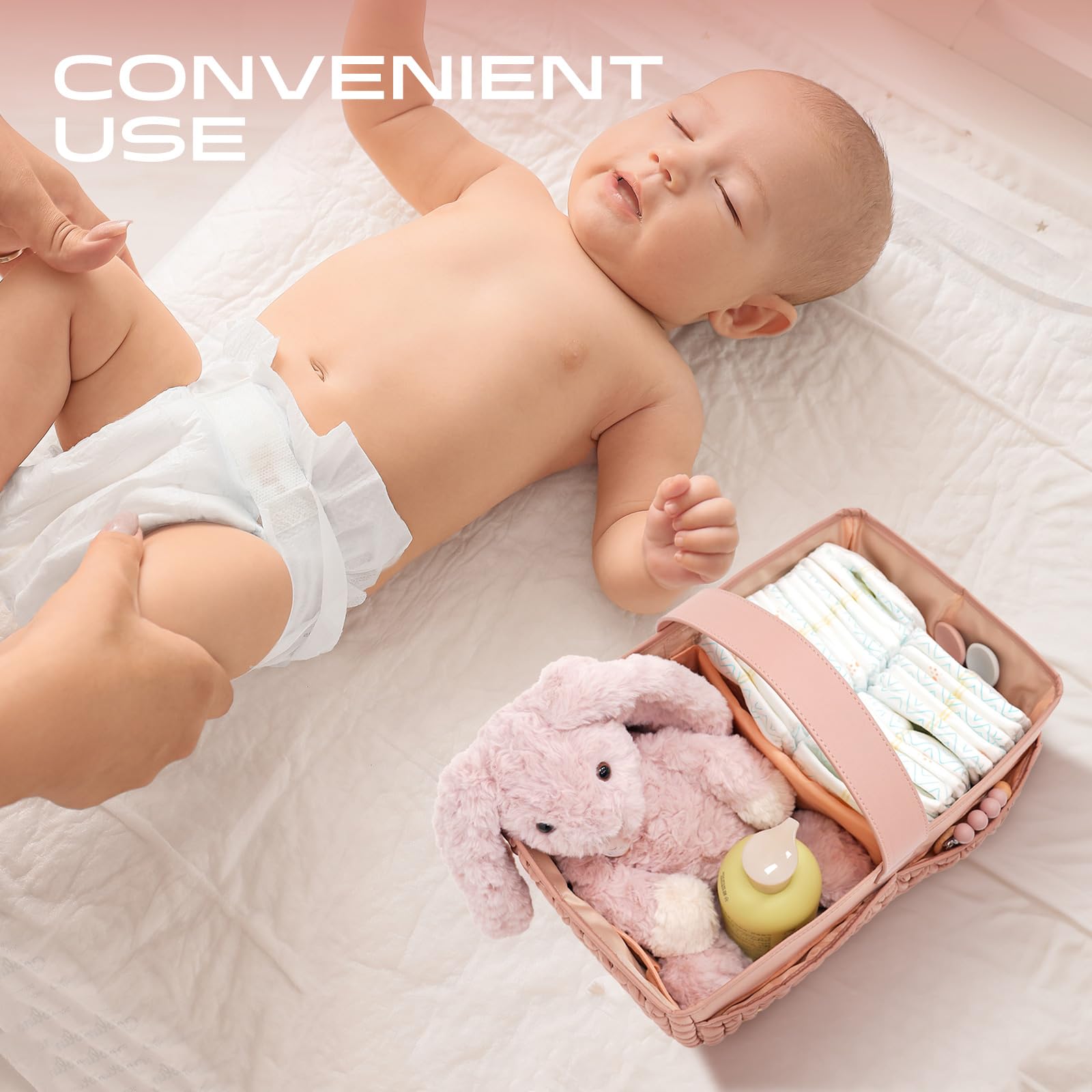 LUKJOJO organizer stores diapers, wipes, toys, and bottles in one stylish basket.