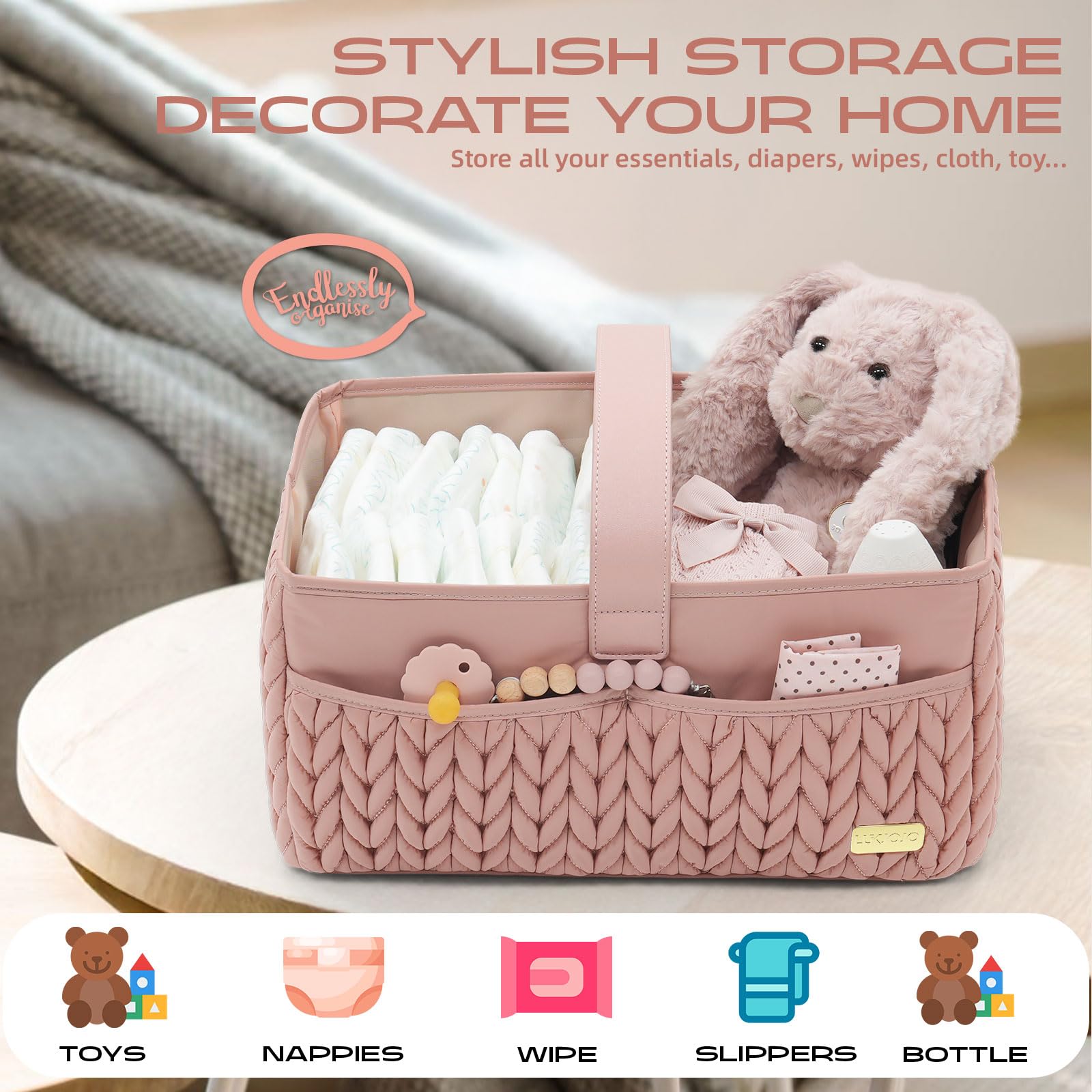 LUKJOJO travel-friendly diaper caddy doubles as car storage when needed.