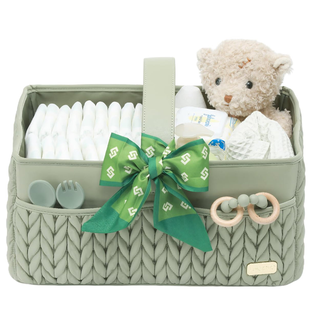 LUKJOJO diaper caddy in sage green with water-resistant nylon for easy diaper changes