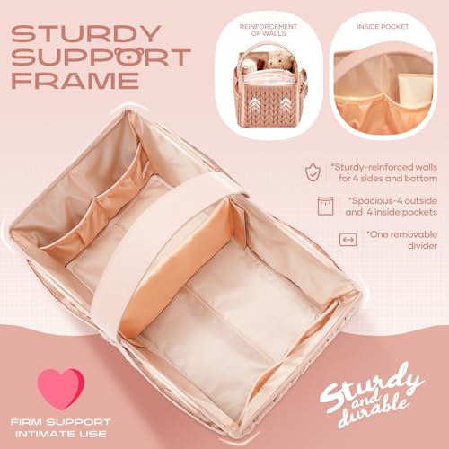 LUKJOJO diaper caddy shows two compartments and eight pockets for quick access.