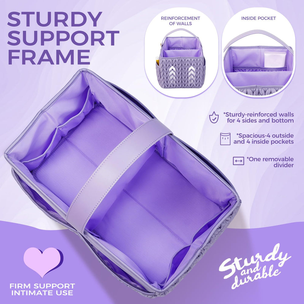 LUKJOJO purple diaper caddy compartments keep diapers, wipes, and toys neatly within reach.